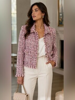 St. John Bouclé Fringe Jacket – NWT – Size 10 – Silk Lined – Luxury Designer